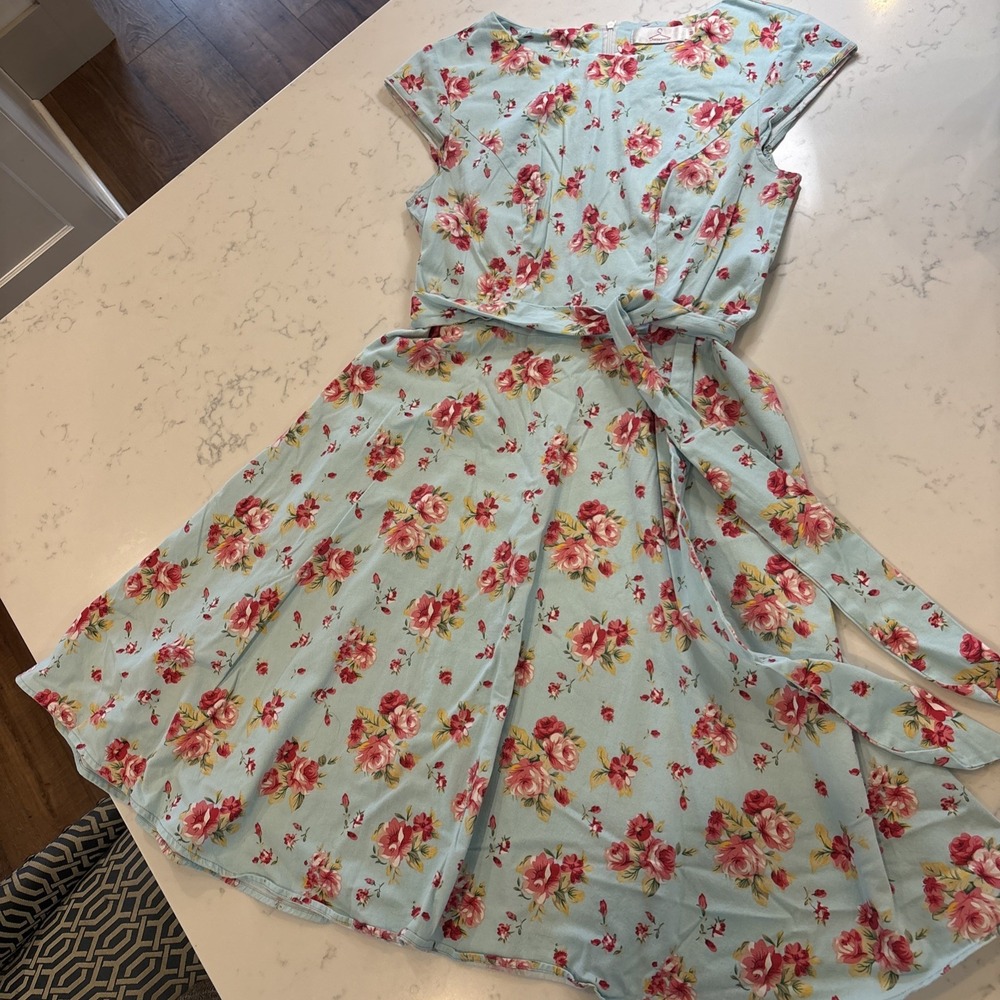 Vintage Style Swing Dress Floral Print Blue Pink Short Sleeve Fit & Flare Sash M